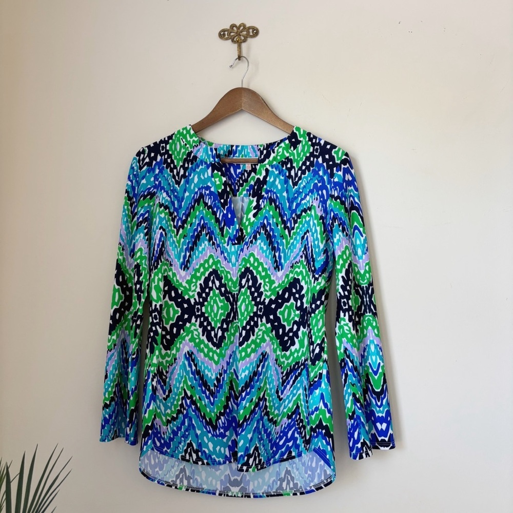 Jude Connally Vibrant Wavy Chevron Split Neck Tunic Top Small Coastal Grandma